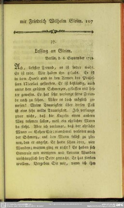 37. Lessing an Gleim. Berlin, den 6. September 1759