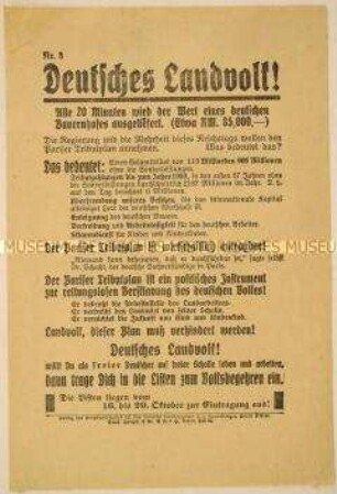 Aufruf zum Eintrag in die Listen zum Volksbegehren 1929 gegen den Young-Plan und die "Tributzahlungen"