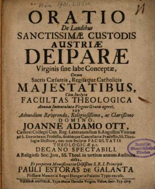 Oratio de laudibus sanctissimae custodis Austriae, Deiparae Virginis sine labe conceptae ...