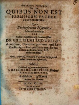 Delibata Juridica De Iis, Quibus Non Est Permissum Facere Testamentum