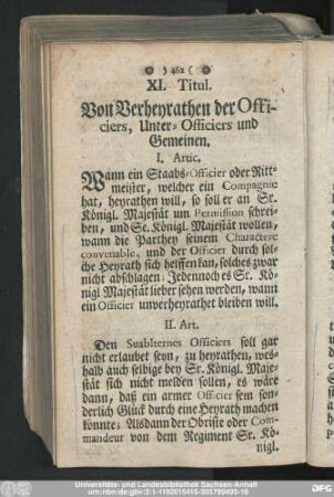 XI. Titul. Von Verheyrathen der Officiers, Unter-Officiers und Gemeinen.