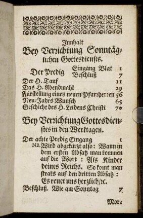 Innhalt Bey Verrichtung Sonntäglichen Gottesdiensts.