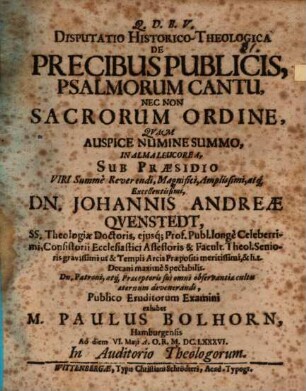 Disputatio Historico-Theologica De Precibus Publicis, Psalmorum Cantu, Nec Non Sacrorum Ordine