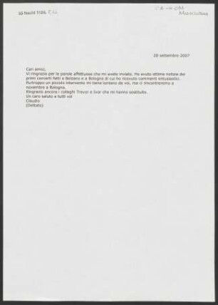 Brief an Orchestra Mozart, 20.09.2007
