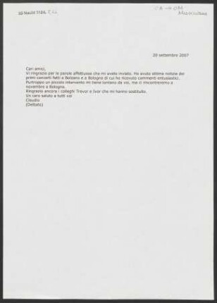 Brief an Orchestra Mozart, 20.09.2007