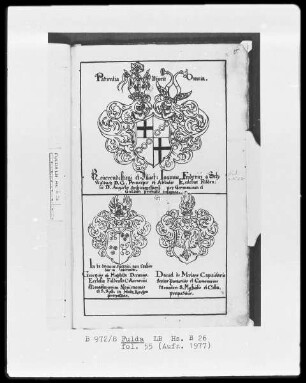 Illustrationen zur Vita Sancti Benedicti & Bis-Bini-Vita — Zierseite mit verschiedenen Wappen, Folio 55 recto