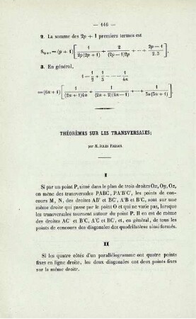 Théorèmes sur les transversales.