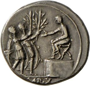 Denar des Augustus mit Darstellung des Empfangs der Siegeslorbeeren