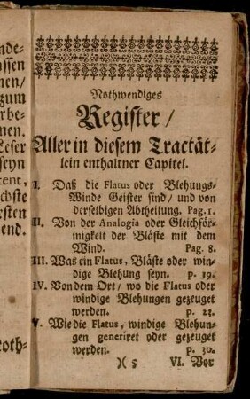 Nothwendiges Register/ Aller in diesem Tractätlein enthaltner Capitel.