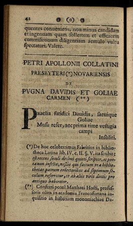 Petri Apollonii Collatini Presbyteri ... Novariensis De Pvgna Davidis Et Goliae Carmen ...
