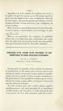Recherche d´une courbe plane possédant un lieu géométrique de poles principaux d´inversion.