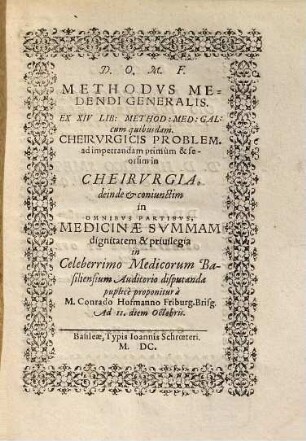 Methodvs Medendi Generalis. Ex XIV Lib: Method: Med: Gal: cum quibusdam. Cheirvrgicis Problem.