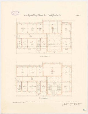 Amtsgericht und Gefängnis, Mönchengladbach: Gericht: Grundriss Ergeschoss, Obergeschoss 1:100
