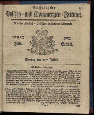 30tes Stueck, Montag den 23ten Julius. 1792