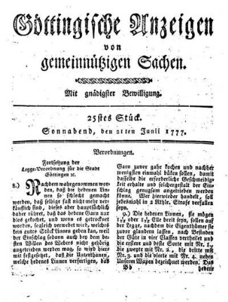 25stes Stück. Sonnabend, den 21ten Junii 1777.