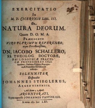 Exercitatio in M. T. Ciceronis libr. III. de natura deorum