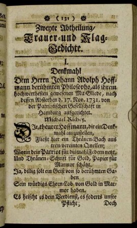 Zweyte Abtheilung/ Trauer- und Klag-Gedichte.