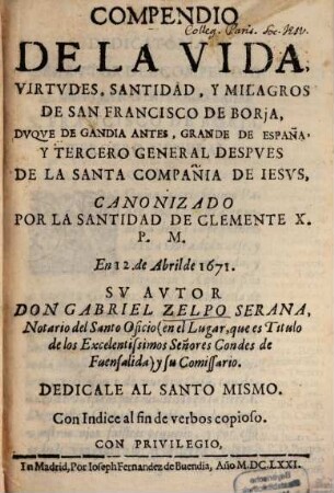 Compendio de la vida, virtudes, sanidad y milagros de San Francisco de Borja