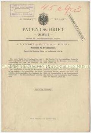 Patentschrift eines Riementriebes für Dreschmaschinen, Patent-Nr. 28116