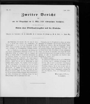 Nr. 15. Zweiter Bericht des von der Bürgerschaft am 21. März 1860 niedergesetzten Ausschusses betreffend Gesetz über Civilstandsregister und die Civilehe. Juni 1861