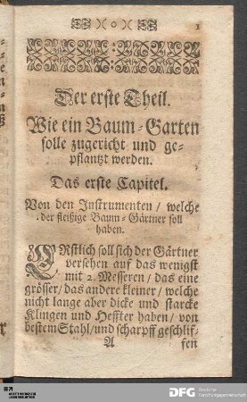Der erste Theil. Wie ein Baum-Garten solle zugericht und gepflantzt werden.