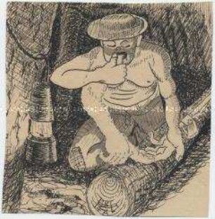 Federzeichnung aus einer Serie über den Arbeitsalltag deutscher Kriegsgefangener in einem Bergwerk in Frankreich, Motiv: Bergarbeiter bei der Arbeit - Personenkonvolut