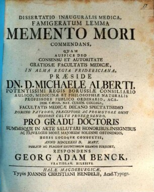 Dissertatio Inauguralis Medica, Famigeratum Lemma Memento Mori Commendans