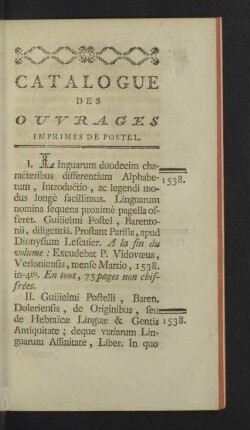 Catalogue des ouvrages imprimes de Postel.