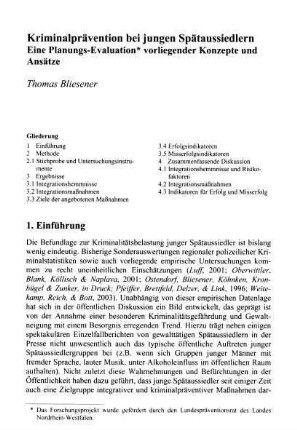477-494, Kriminalprävention bei jungen Spätaussiedlern. Eine Planungs-Evaluation vorliegender Konzepte und Ansätze