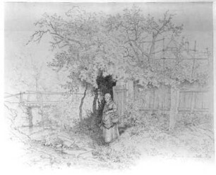 Am Gartentor : Am Gartentor. Bleistiftzeichnung, laviert; 20,5 x 25,8 cm (1859; E. Leonhardi). Freiberg: Stadt- und Bergbaumuseum 63/1