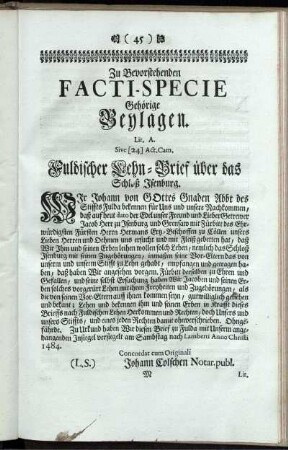 Zu Bevorstehenden Facti-Specie Gehörige Beylagen.