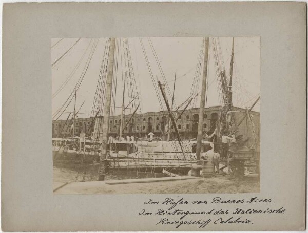 In the harbour of Buenos Aires. In the background, the Italian warship Calabria