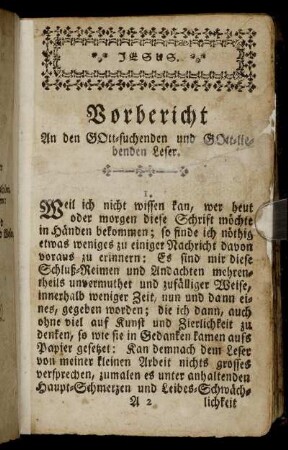 Vorbericht An den Gott-suchenden und Gott-liebenden Leser.