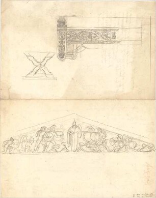 Thiersch, August ; Ägina (Griechenland); Ausgrabungen - Giebel (Teilansicht); Bett (Teilansicht, Detail)