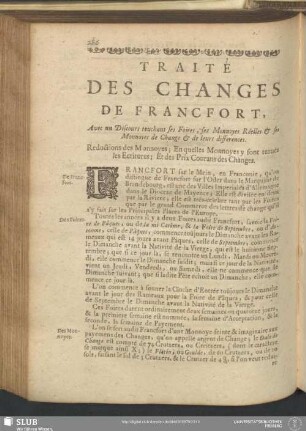 Traité Des Changes De Francfort, Avec un Discours touchant ses Foires, ses Monnoyes Réelles & ses Monnoyes de Change & de leurs differences