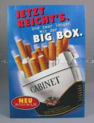 Werbeschild (beidseitig) mit Werbeaufdruck für "CABINET würzig"-Zigaretten, "JETZT REICHT'S."