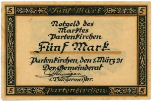 Geldschein / Notgeld, 5 Mark, 1.3.1921