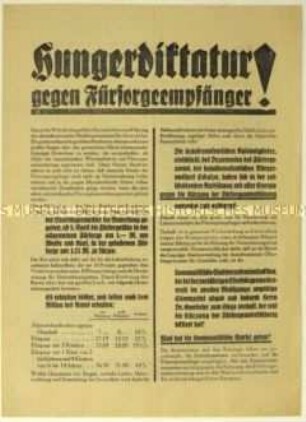 Flugblatt der SPD gegen die geplante Kürzung der Fürsorge durch den Leipziger Stadtrat und Aufruf zum Beitritt