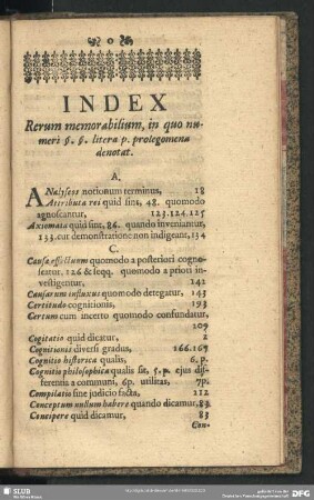 Index Rerum memorabilium, in quo numeri §. §. litera p. prolegomena denotat