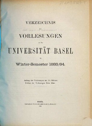 Verzeichnis der Vorlesungen. 1883/84. WS.