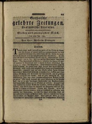 Sieben und zwanzigstes Stück, den 2ten Jul. 1791.