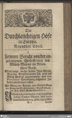 I. Fernerer Bericht von der angefangenen Verbesserung des Müntz-Wesens im Römischen Reich