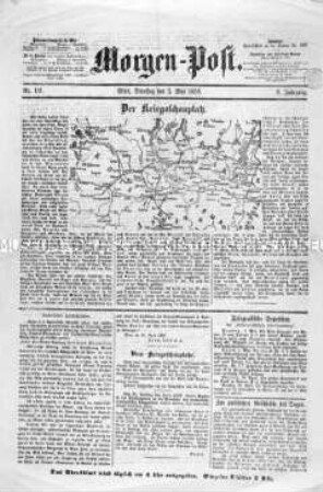 Morgen-Post, Nr. 121, Wien, 3. Mai 1859: Leitartikel mit geographischer Karte über den Kriegsschauplatz in Oberitalien