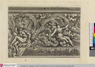 [Fries mit Blattwerk, links ein sitzender Mann und eine sitzende Frau umgeben von Genien; Frise de feuillages avec à gauche une femme et a droite un homme assis]