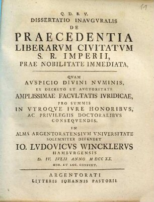 Dissertatio Inavgvralis De Praecedentia Liberarvm Civitatvm S. R. Imperii, Prae Nobilitate Immediata