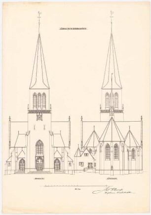 St. Liborius (mit Pfarrhaus), Dortmund-Körne: Vorder- und Choransicht 1:100