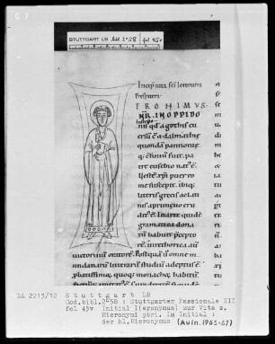 Stuttgarter Passionale — Ergänzungsband — Initiale I (eronymus), darin der heilige Hieronymus, Folio 45verso