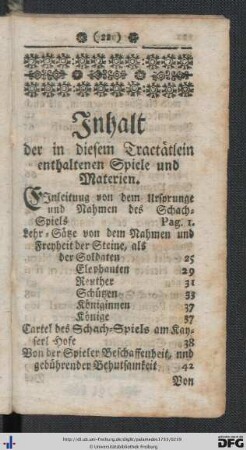 Inhalt der in diesem Tractätlein enthaltenen Spiele und Materien.