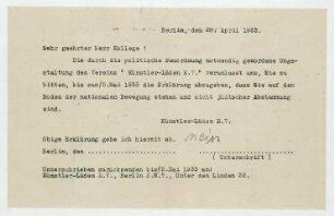 Dokument der Künstler-Läden e. V. Berlin mit hs. Anmerkung von Hannah Höch: "nein".. Anbei: Notizzettel, hs. von Hannah Höch: "Mai 1933 Nicht gemachte Erklärung! Bei Machtübernahme aufheben in Fotos gefunden? 1956".
