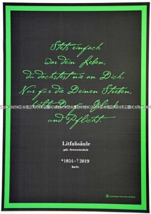 Plakat aus einer künstlerischen Aktion, einer "Urbanen Intervention", zum Abriss historischer Litfaßsäulen in Berlin, in der Gestaltung angelehnt an Todesanzeigen.